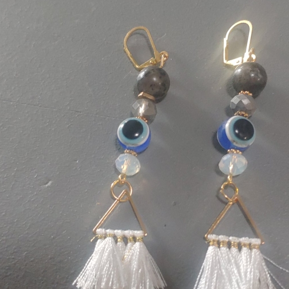 Handmade Tassle Dangle Earrings Evil Eye Fringe - Picture 3 of 5